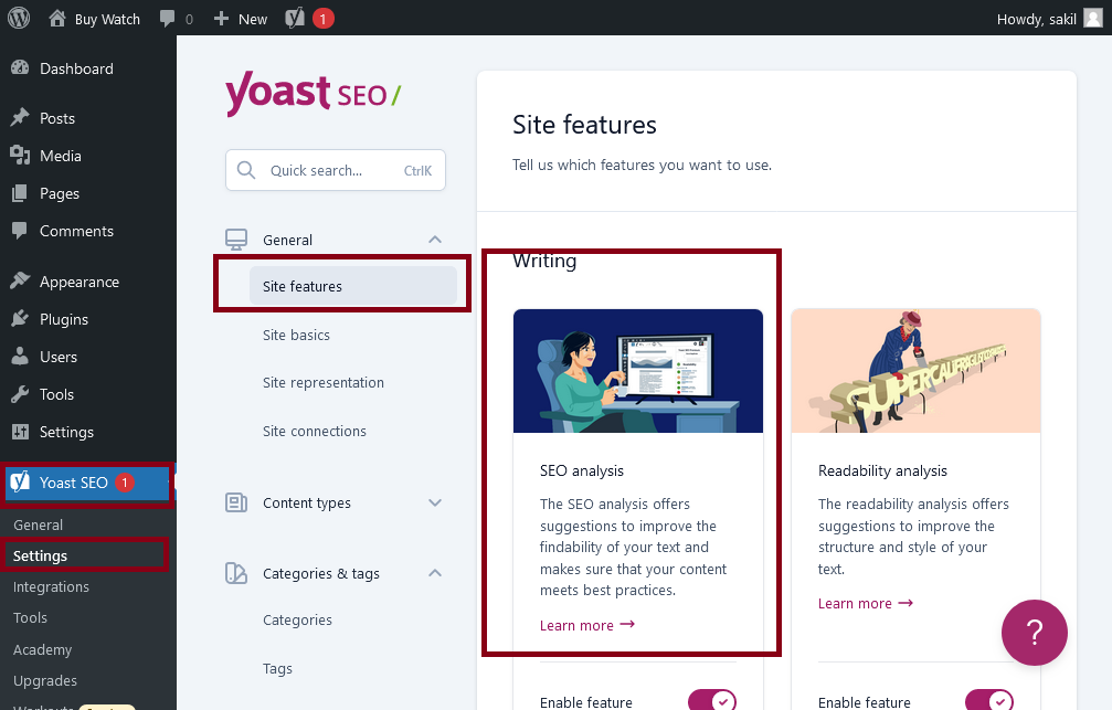 How to select Feature and Option from Yoast