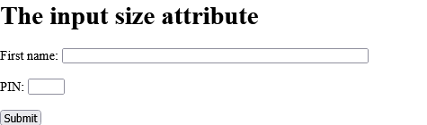 How to add An HTML form with two input fields with a width of 35 and 4 characters - HTML size Attribute