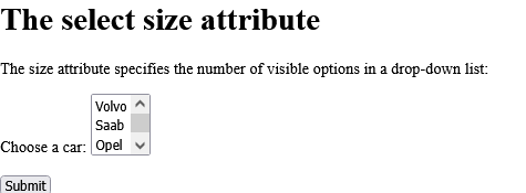 How to add A drop-down list with three visible options - HTML size Attribute