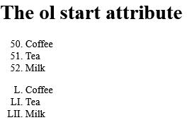 How to add An ordered list starting at "50" - HTML start Attribute